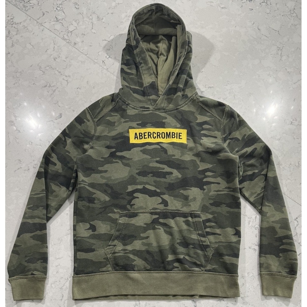 Abercrombie Kids Hoodie Pullover Size XL 15/16 Camo Green Yellow Logo Sweatshirt